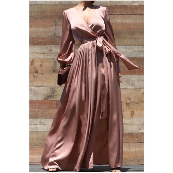 Bellanblue Dresses & Skirts - Boho Dusty Pink Satin Puff Sleeve Maxi Dress Party Wedding